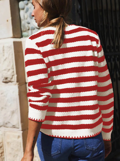 Button Down Striped Long Sleeve Cardigan - Fashorio