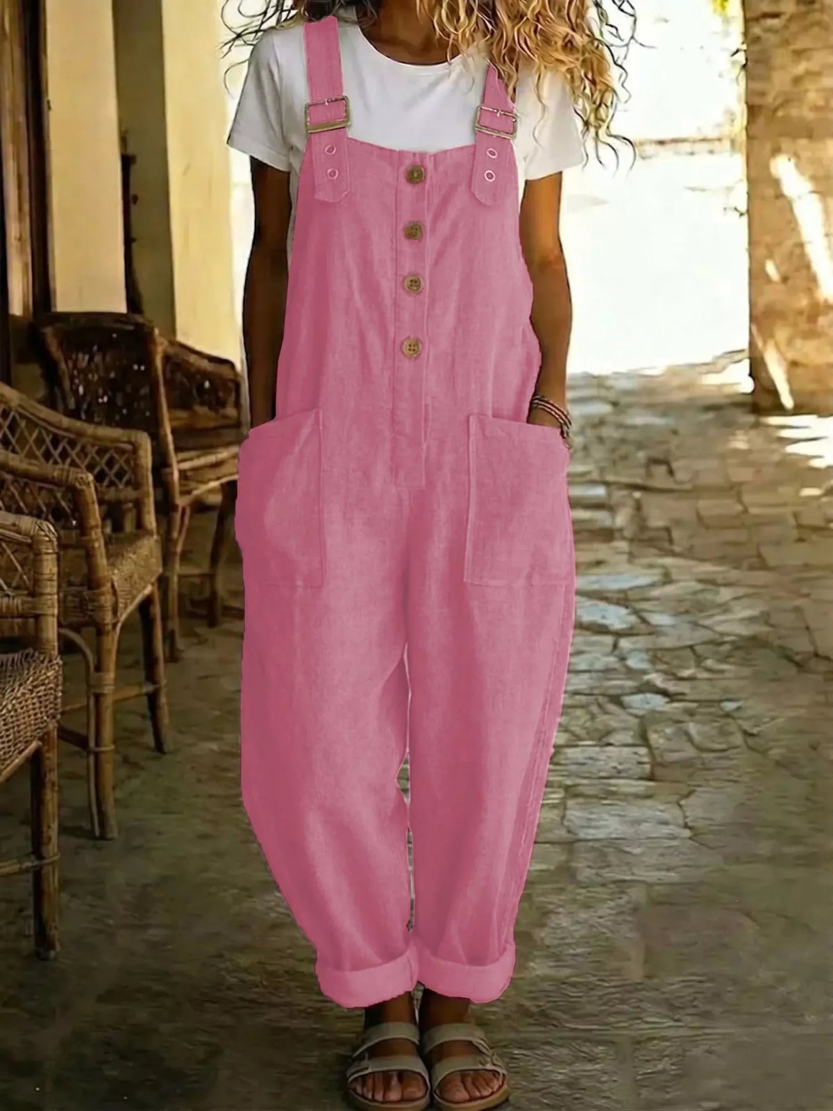 Button front wide leg overalls back view