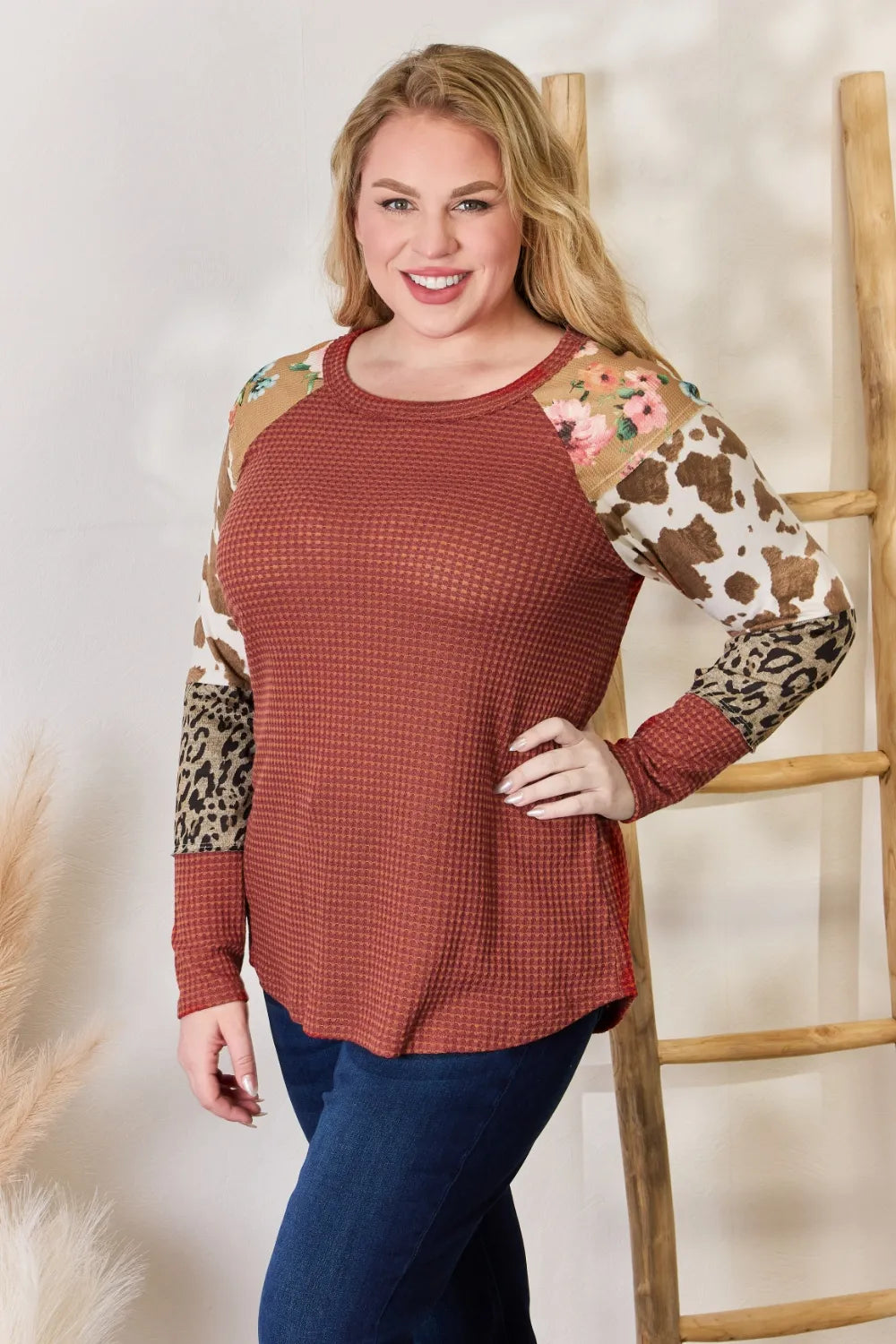 Hailey & Co Full Size Leopard Waffle-Knit Blouse - Fashorio