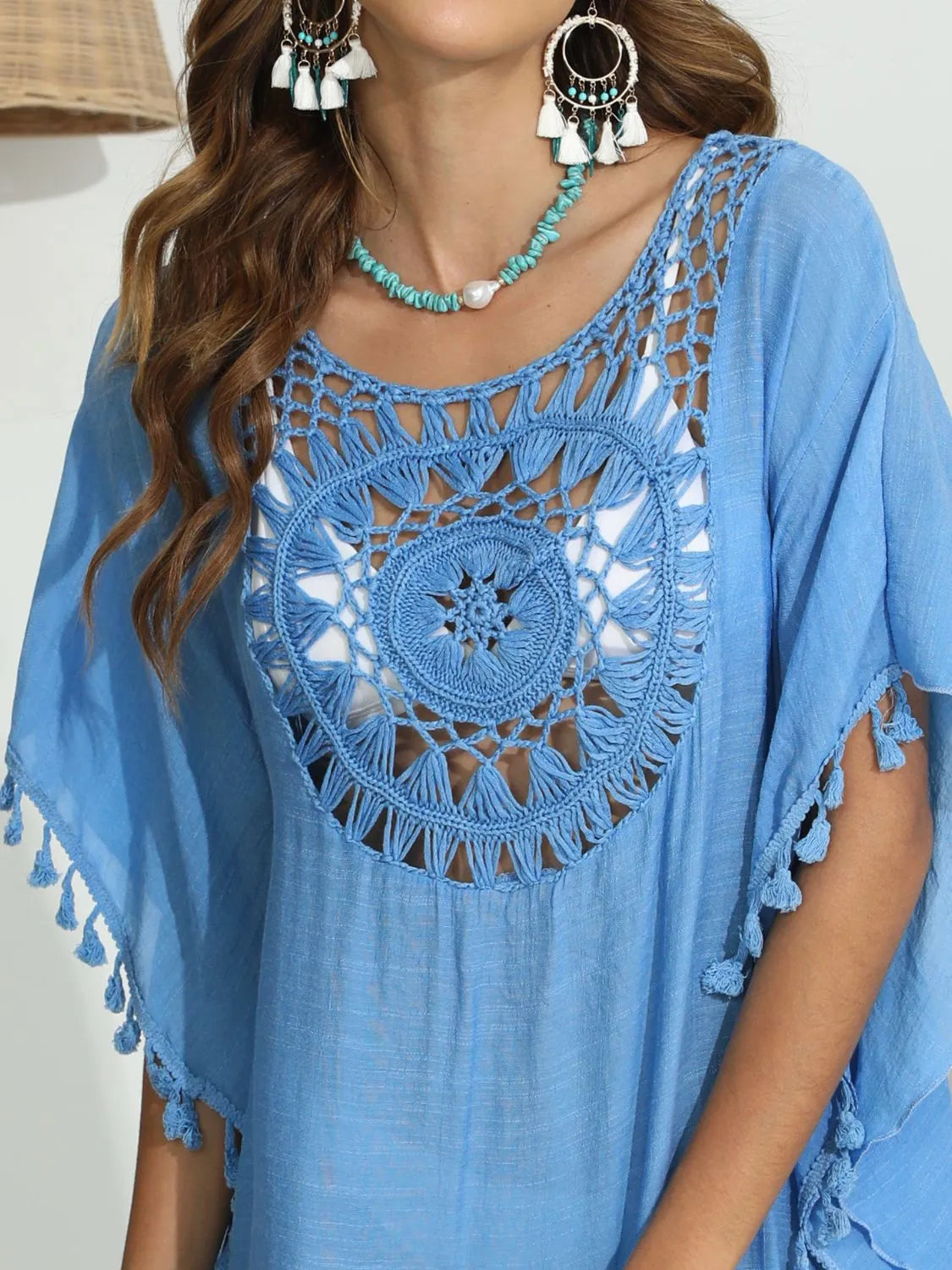 Tassel Crochet Round Neck Cover-Up - Fashorio