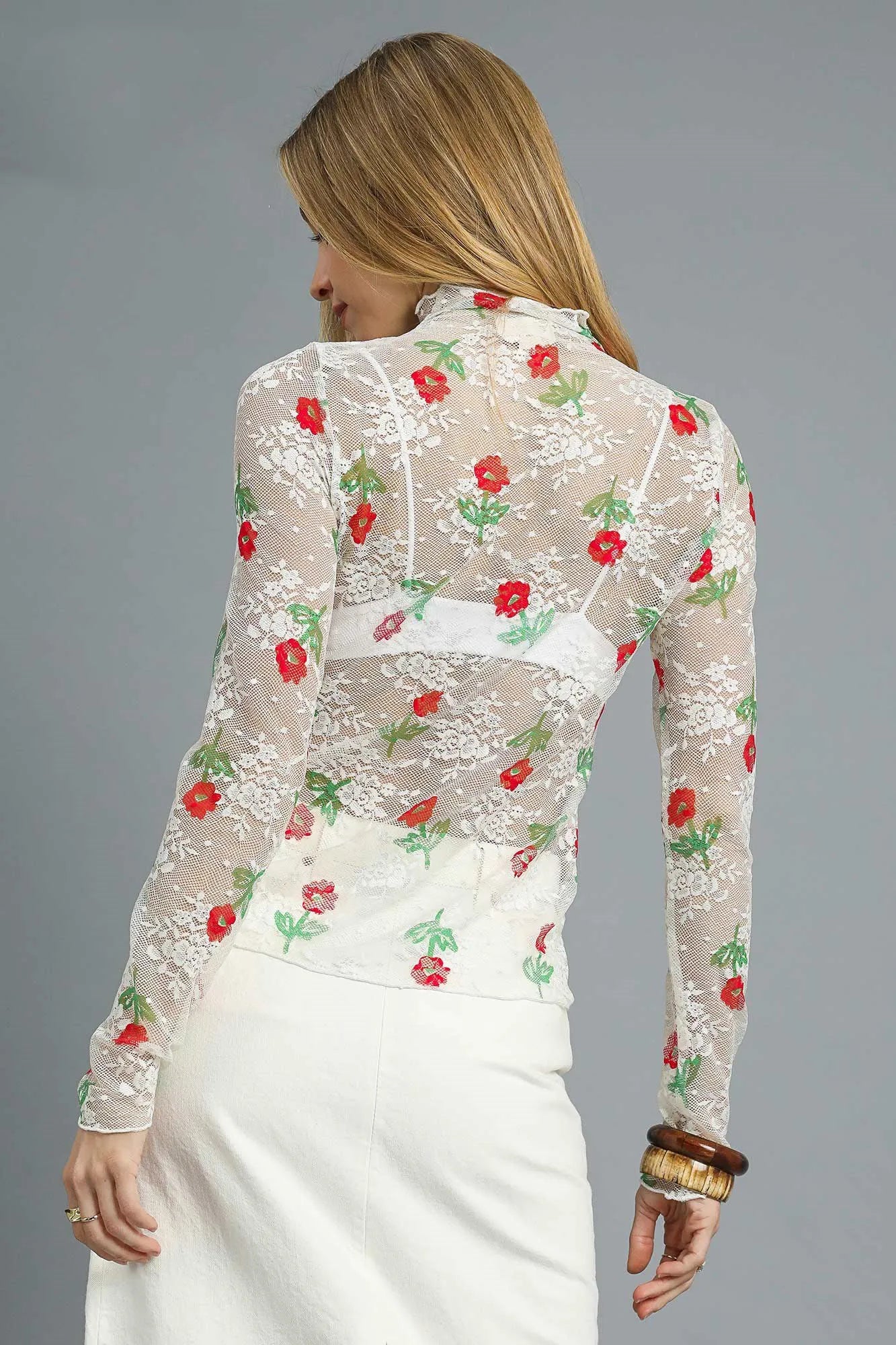 Umgee Floral Mock Neck Long Sleeve Sheer Top - Fashorio