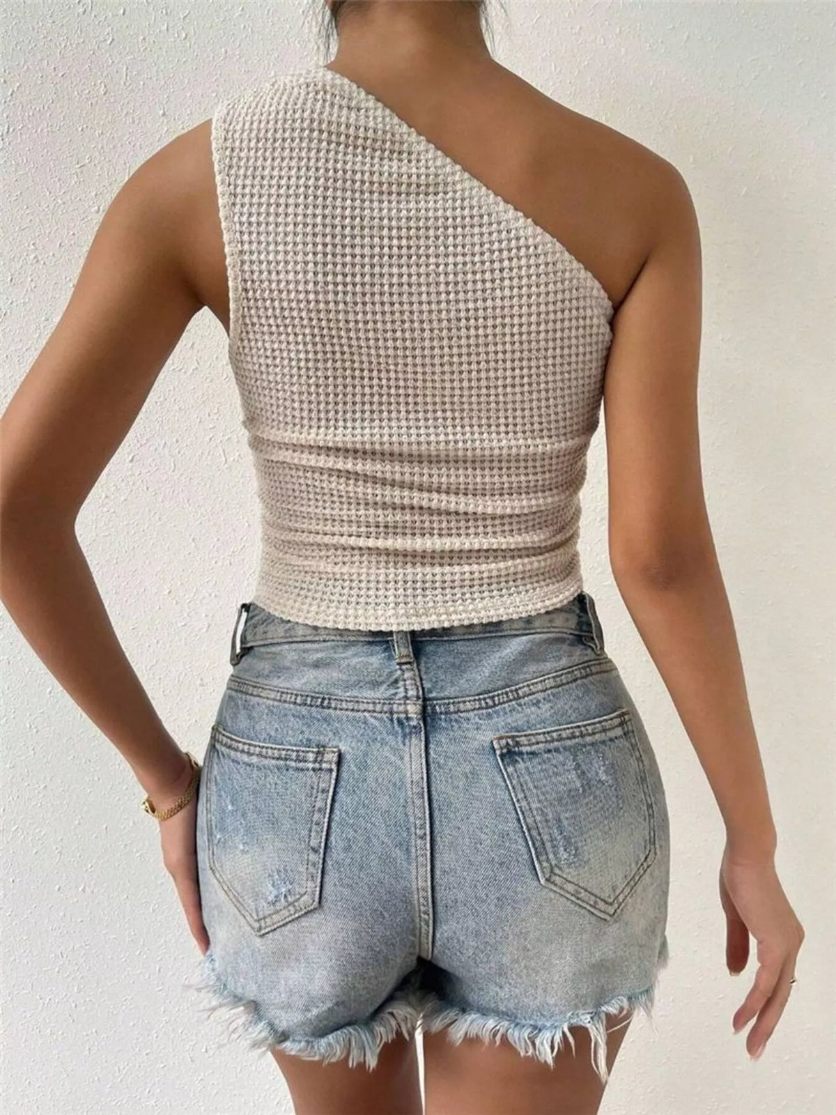 Asymmetrical one shoulder waffle knit tank styled view