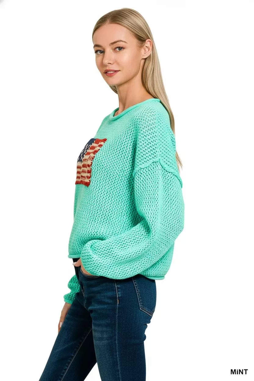 American Flag Crew Neck Sweater in Mint side view