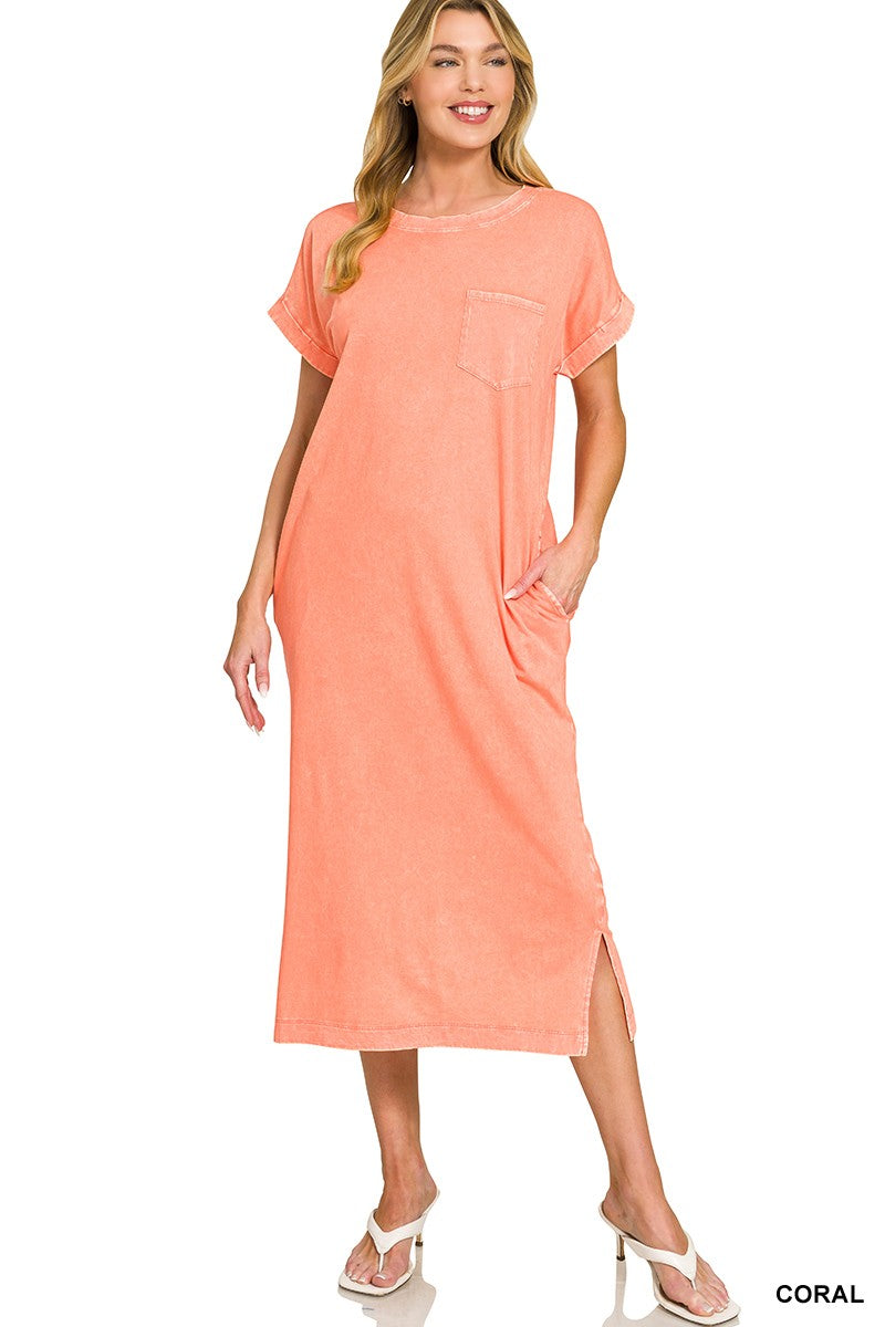 Washed Exposed Seam T Shirt Dress in Coral