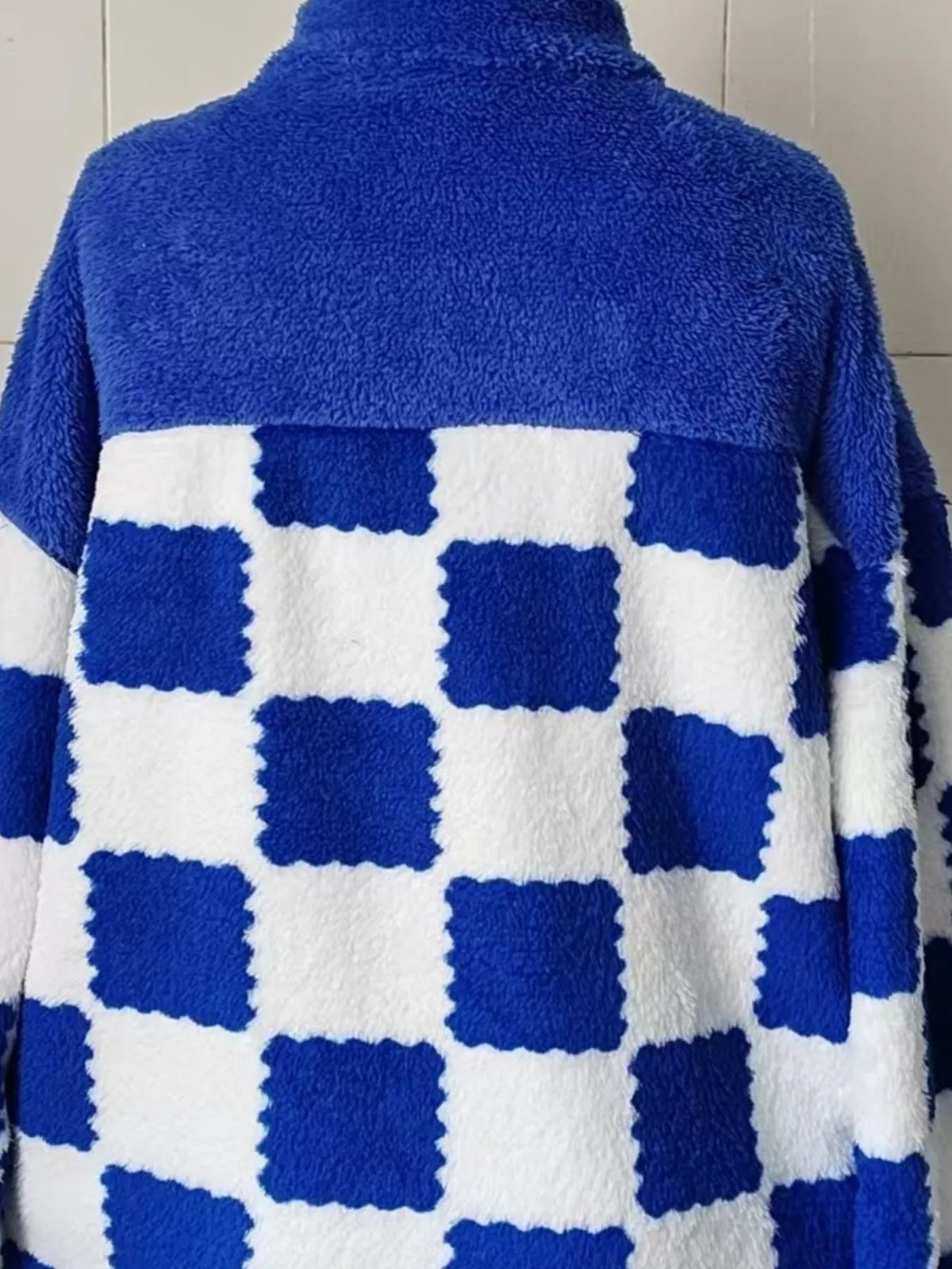 Checkered Fleece Oversized Zip Up Jacket in Blue side view