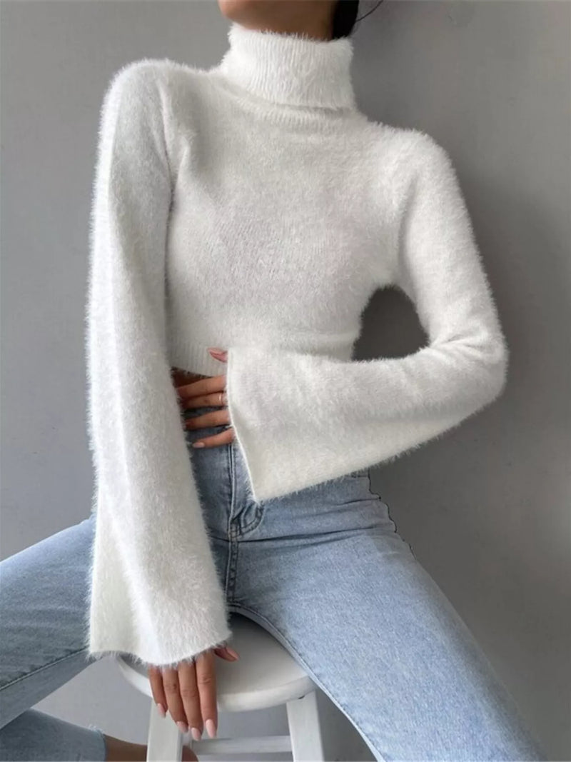 turtleneck flare sleeve cropped sweater front view