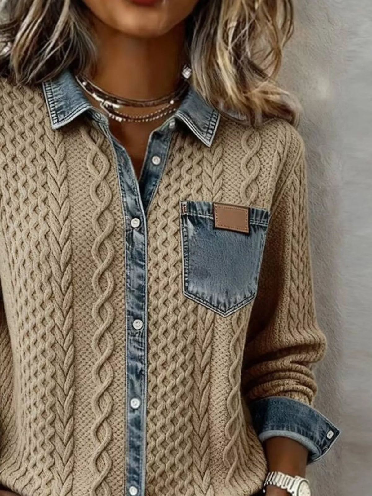 Denim trim cable knit cardigan open styling