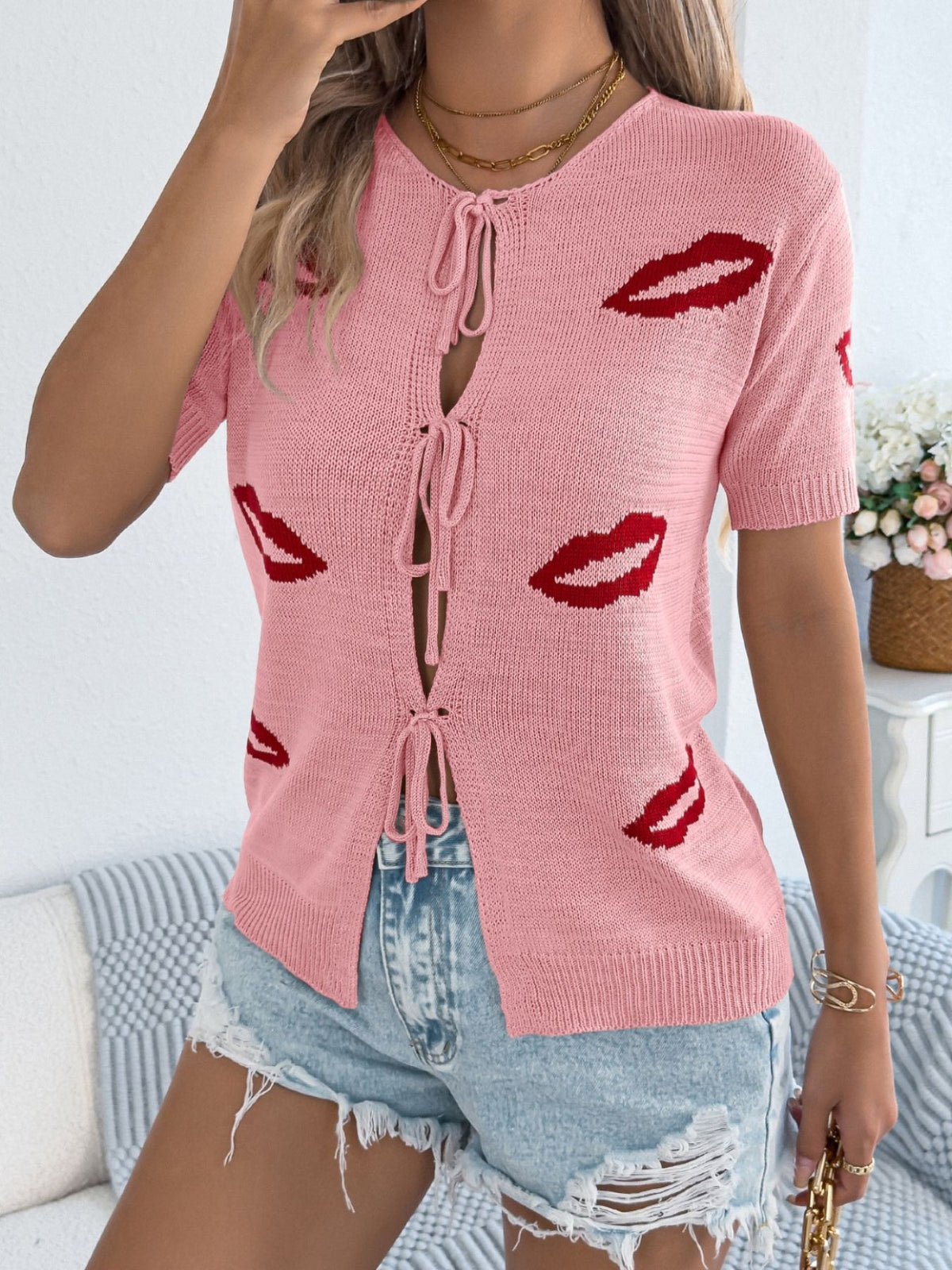 Lips Tie Front Knit Cardigan, view 13