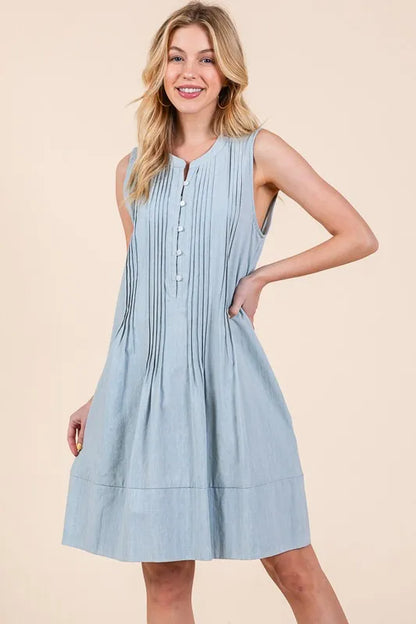 Lime 'N' Chili Denim Pintuck Detail Sleeveless Midi Dress - Fashorio