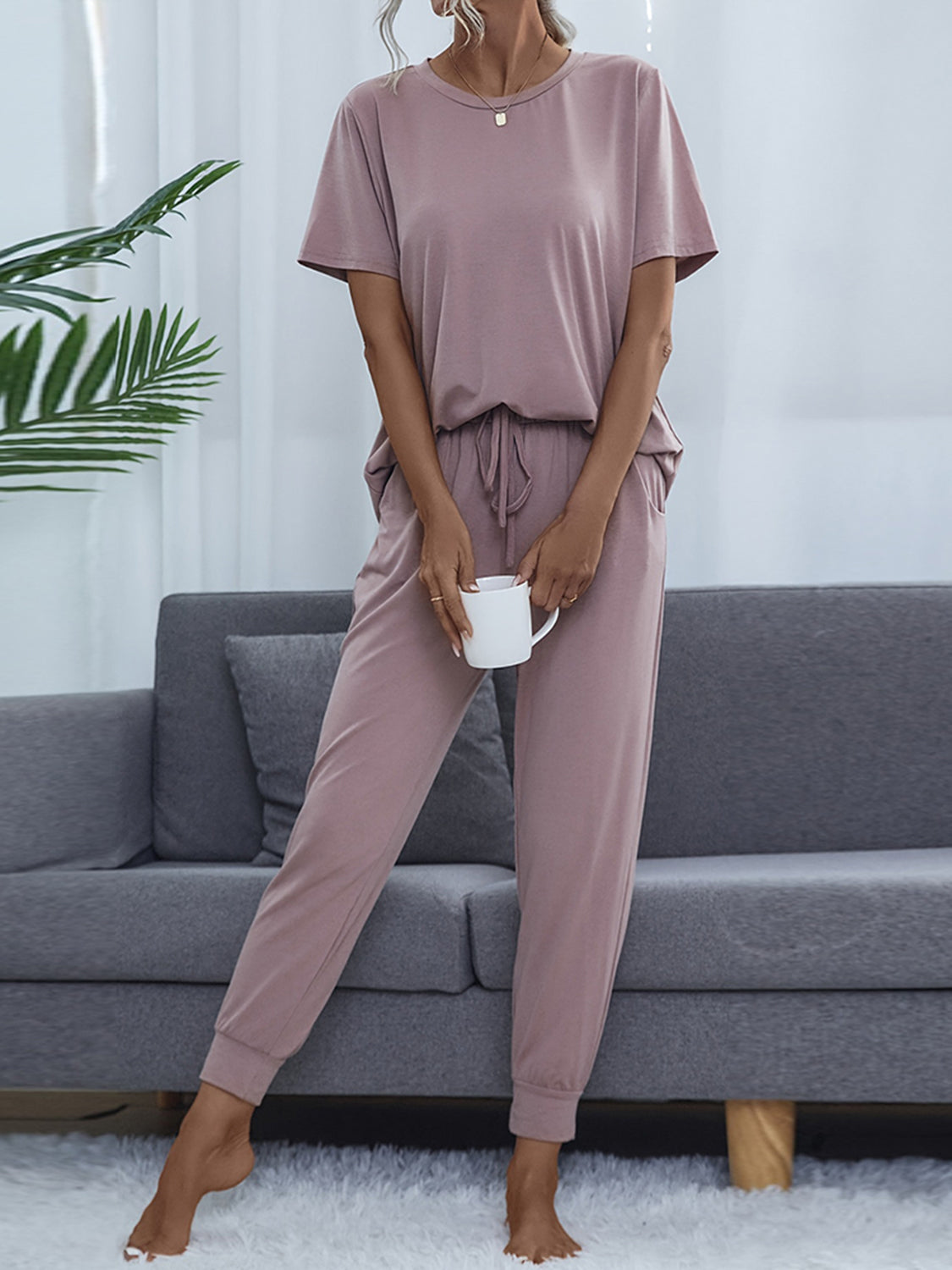 Shiny Round Neck Short Sleeve Top and Pants Set - Fashorio