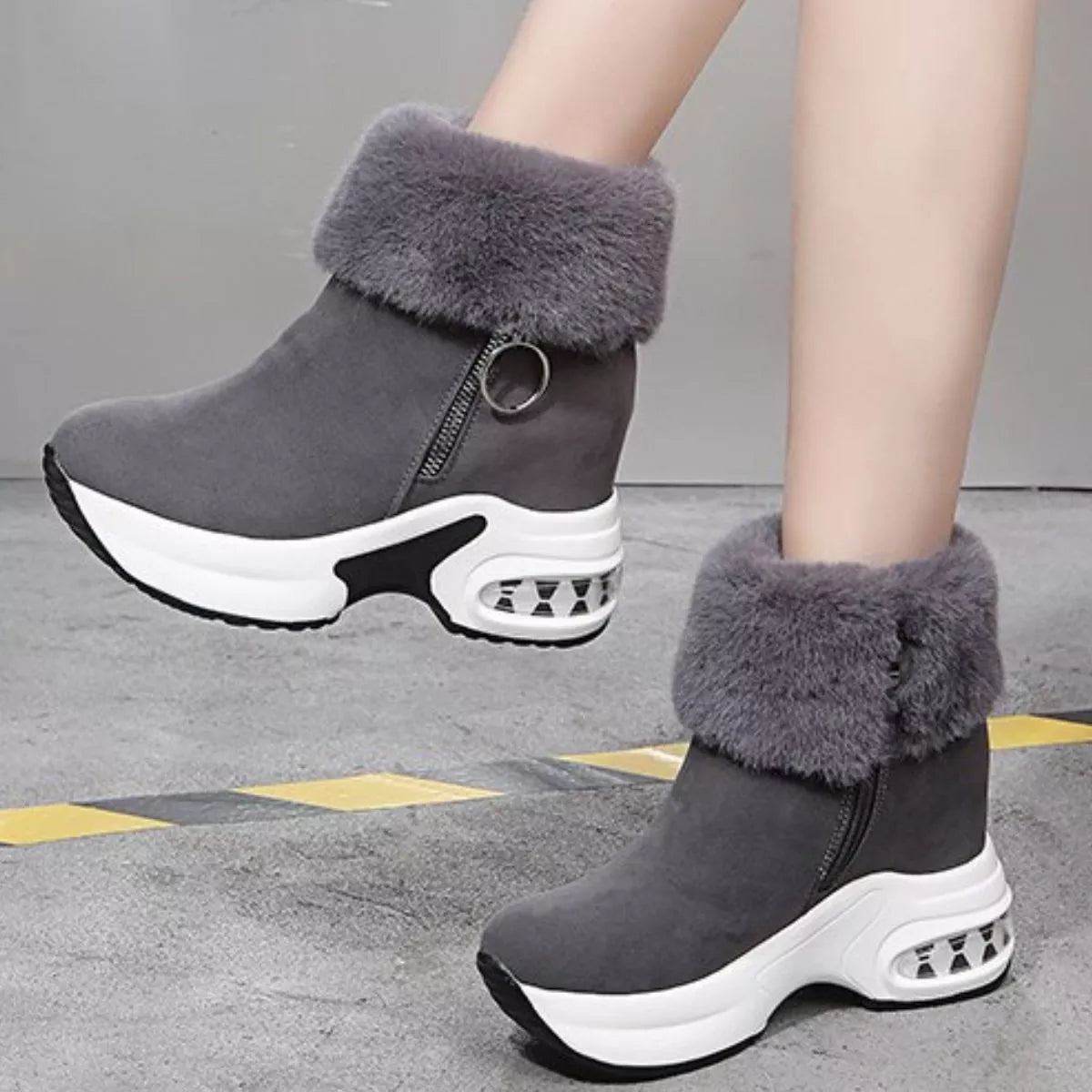 Fuzzy platform ankle boots angled view