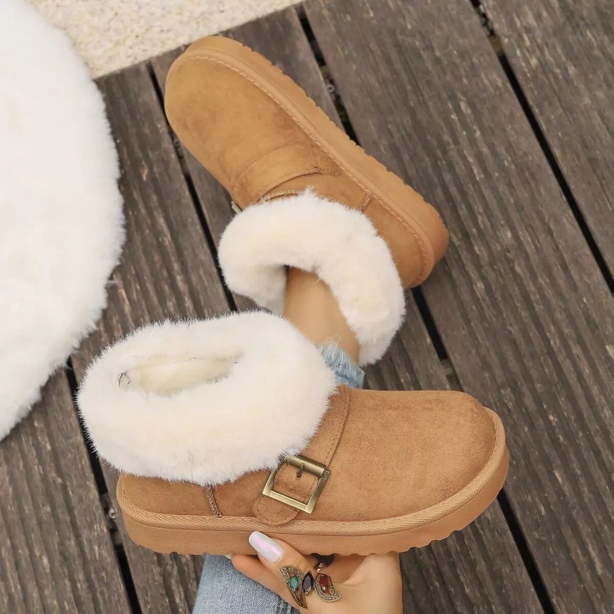 fuzzy trim buckle winter boots buckle detail
