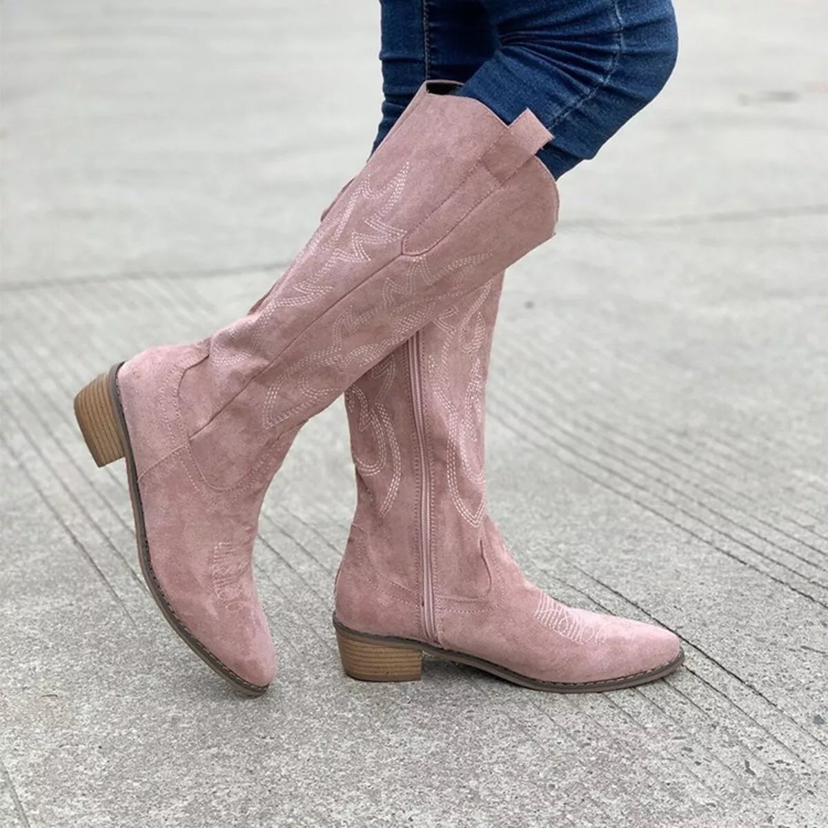 Point toe block heel suede boots lifestyle shot