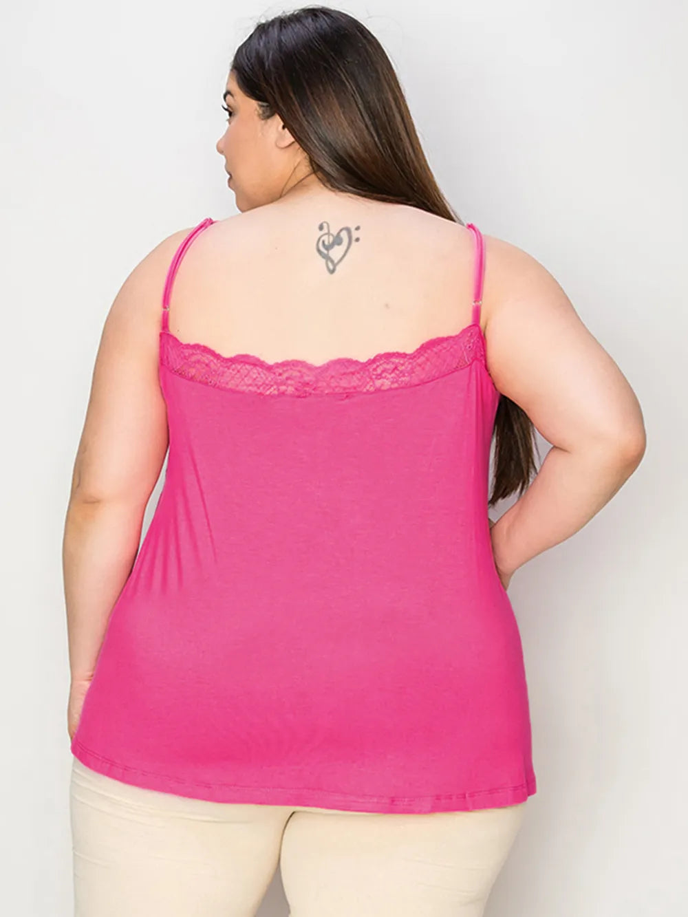 Cami shown flat displaying the lace neckline