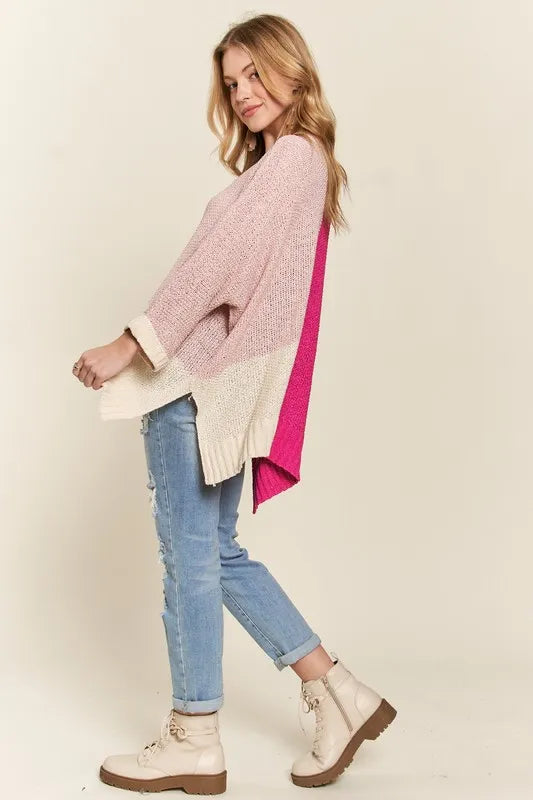Side Slit Color Block Long Sleeve Sweater in Hot Pink on model