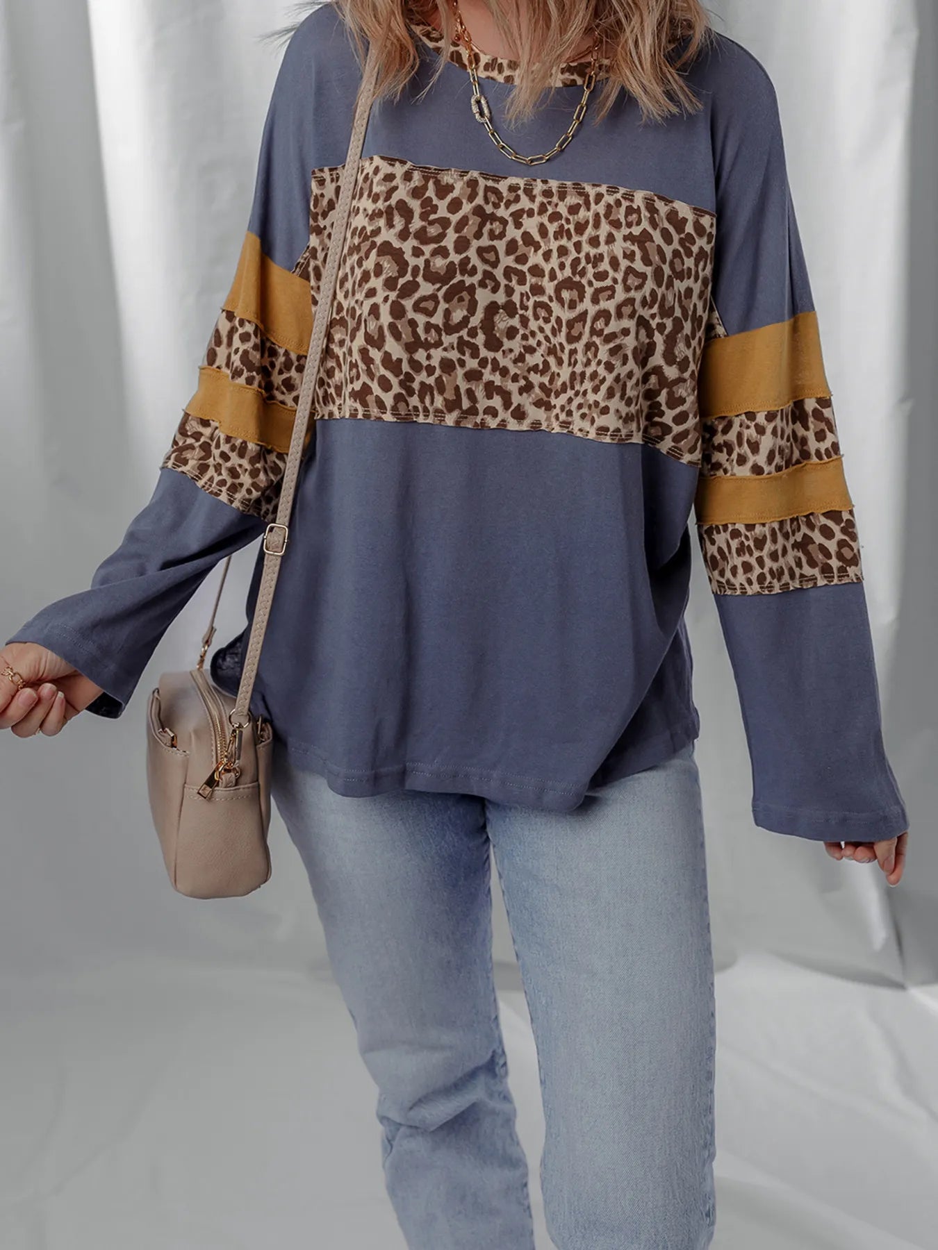 Leopard Color Block Long Sleeve Drop Shoulder Top - Fashorio