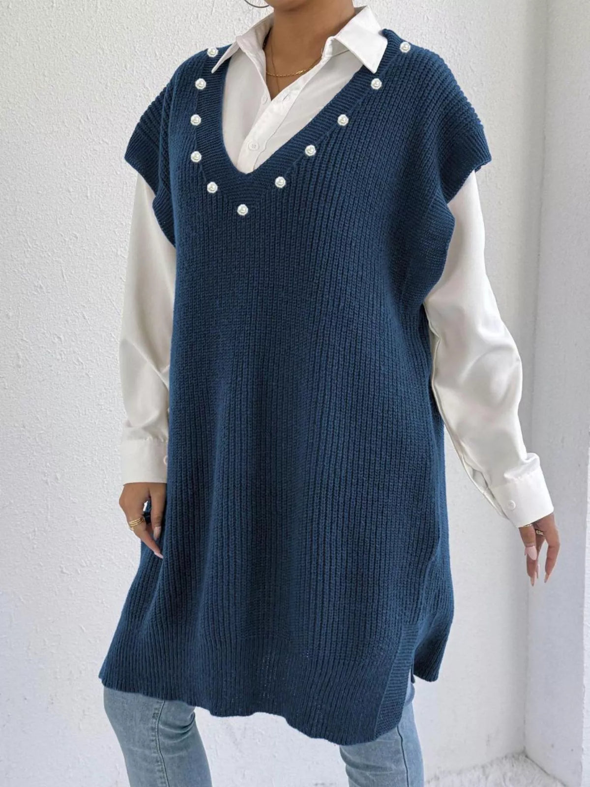slit v neck sweater dress close up detail