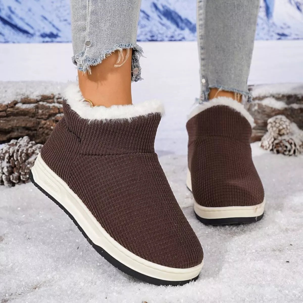 Cozy knit ankle boots, upper texture close up