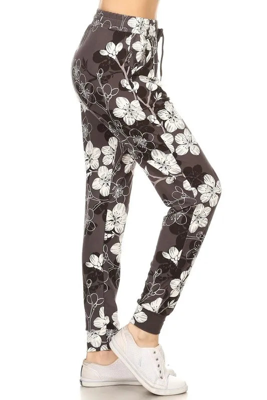 Leggings Depot Full Size Buttery Soft Floral Joggers with Drawstring Plus Size - Fashorio