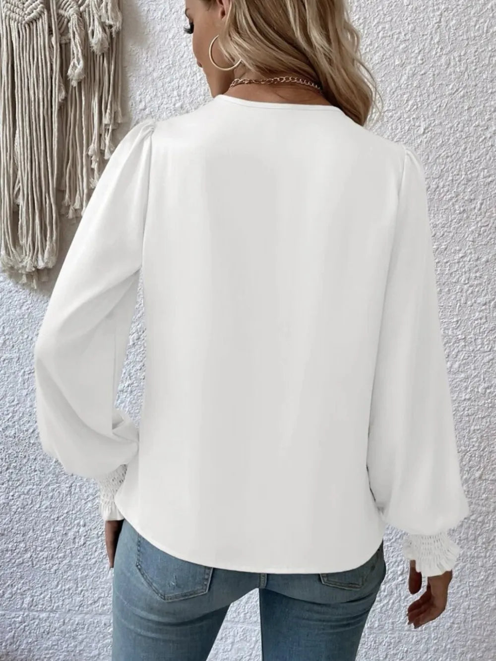 Surplice Smocked Lantern Sleeve Blouse - Fashorio