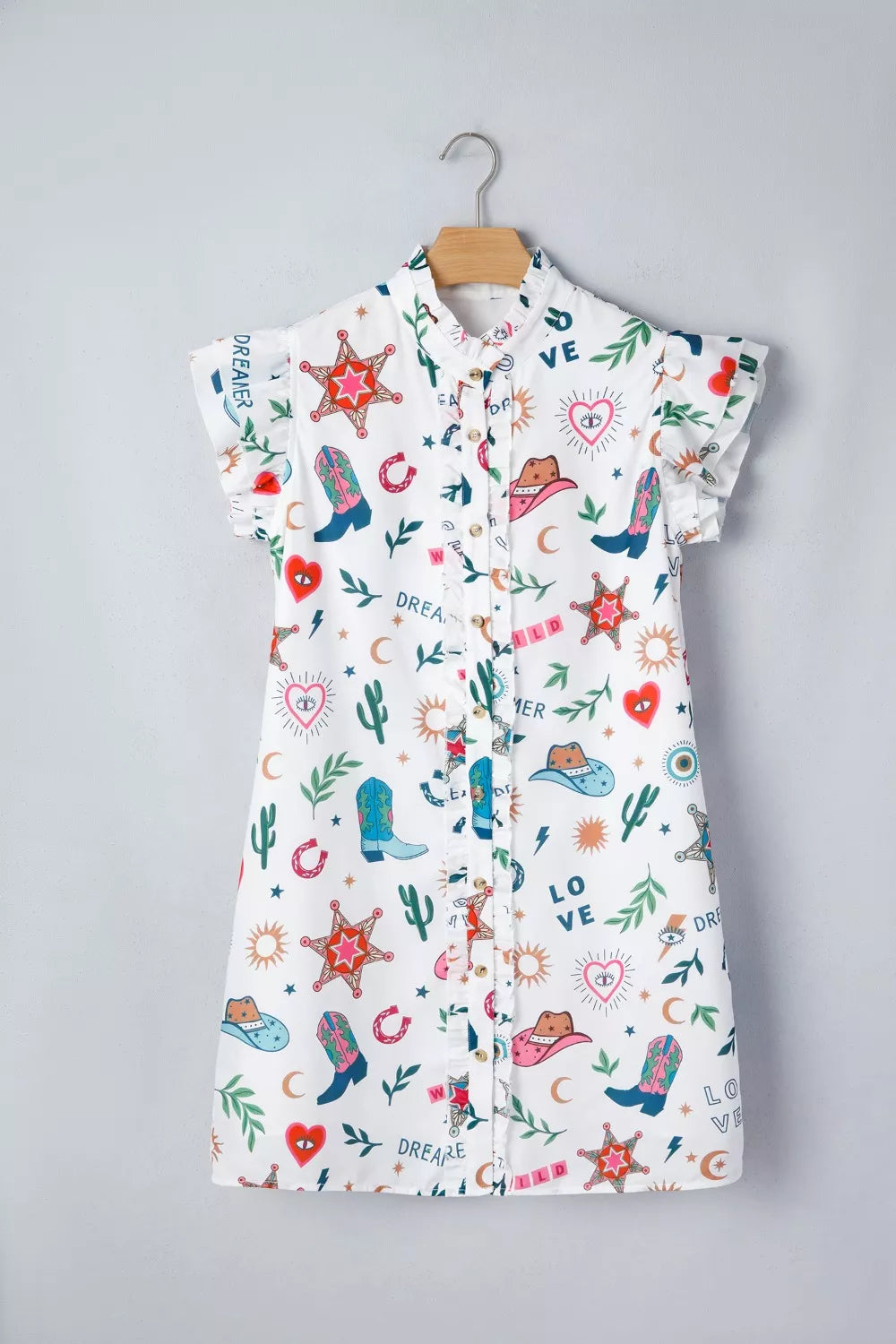 White western print flutter sleeve button down mini dress full length view