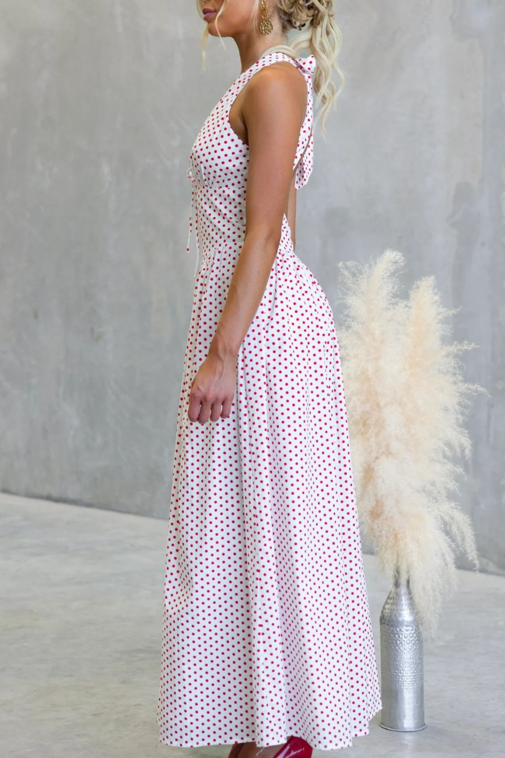 polka dot backless halter neck maxi dress side view
