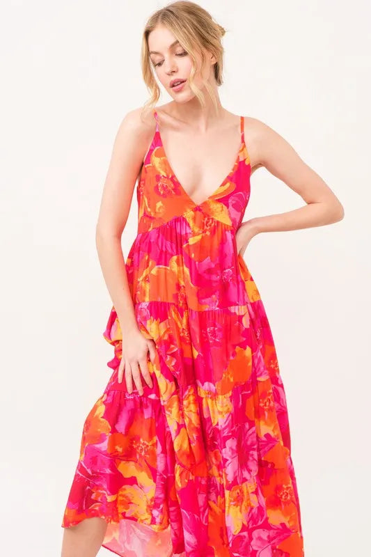 Floral Tiered Maxi Cami Dress with Pockets close up