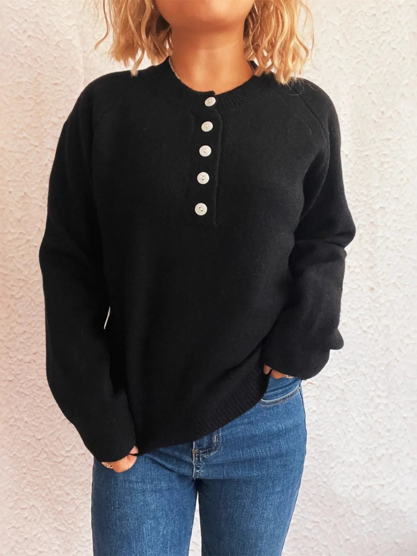 Button-Front Long Sleeve Sweater - Fashorio