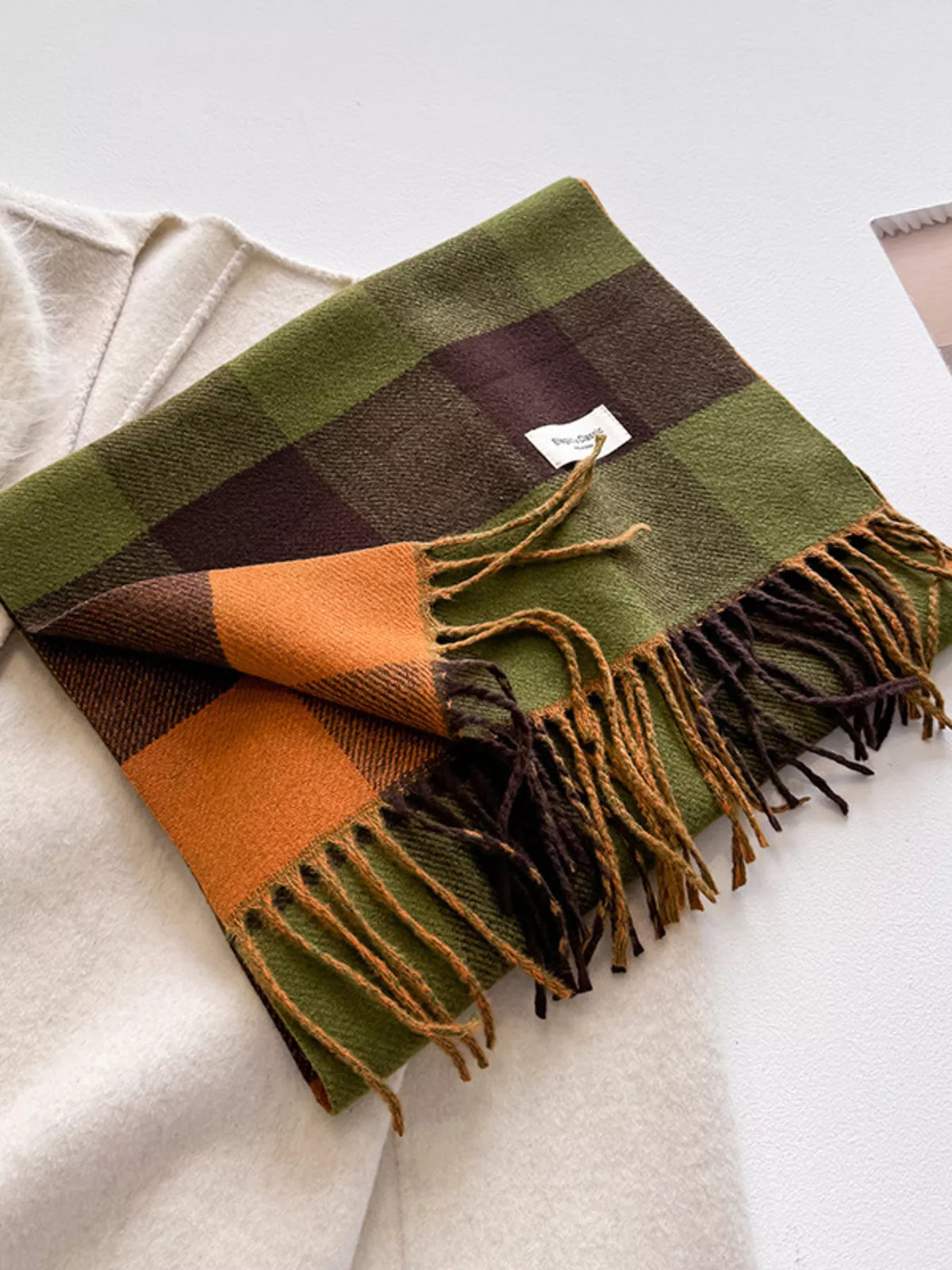 Warm plaid fringe scarf looped