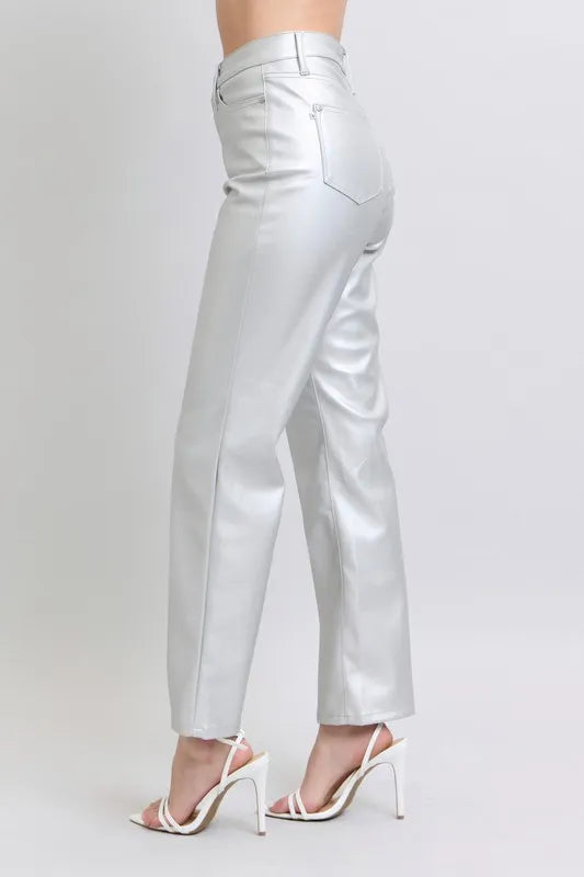 Judy Blue Full Size High Waist Silver Faux Leather Pants Plus Size - Fashorio