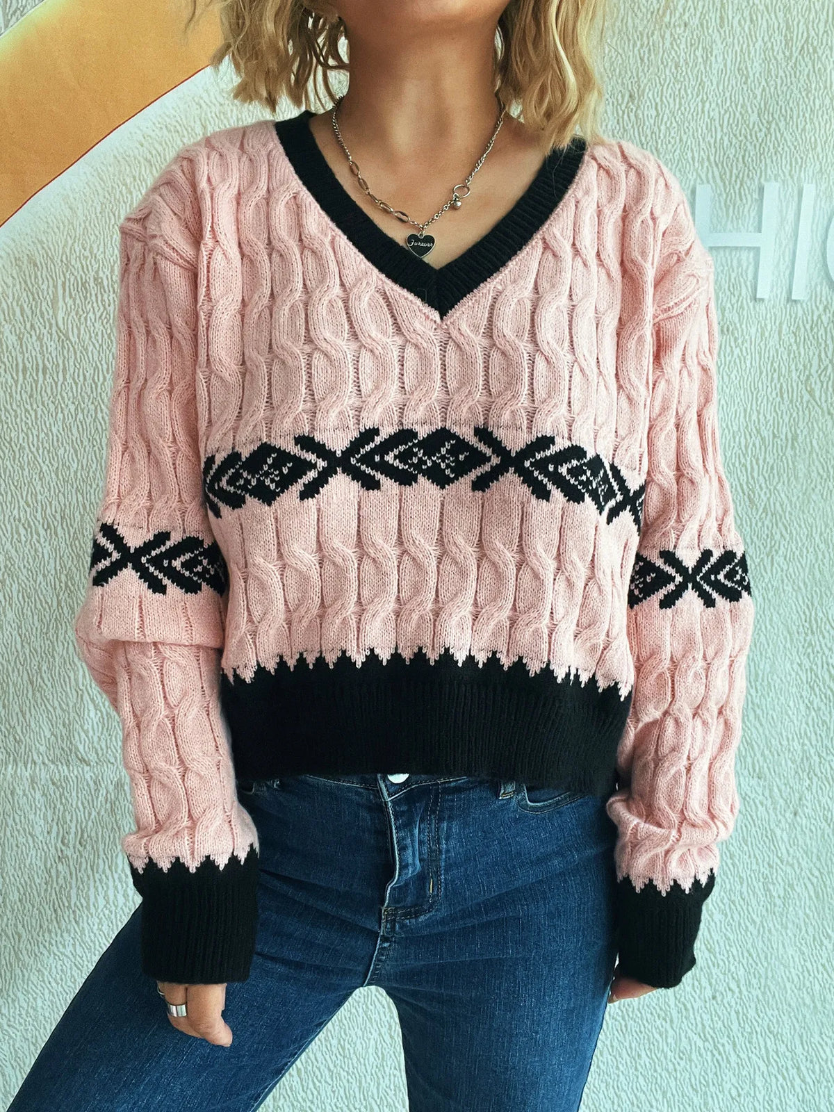 Cable Knit V Neck Sweater styled look