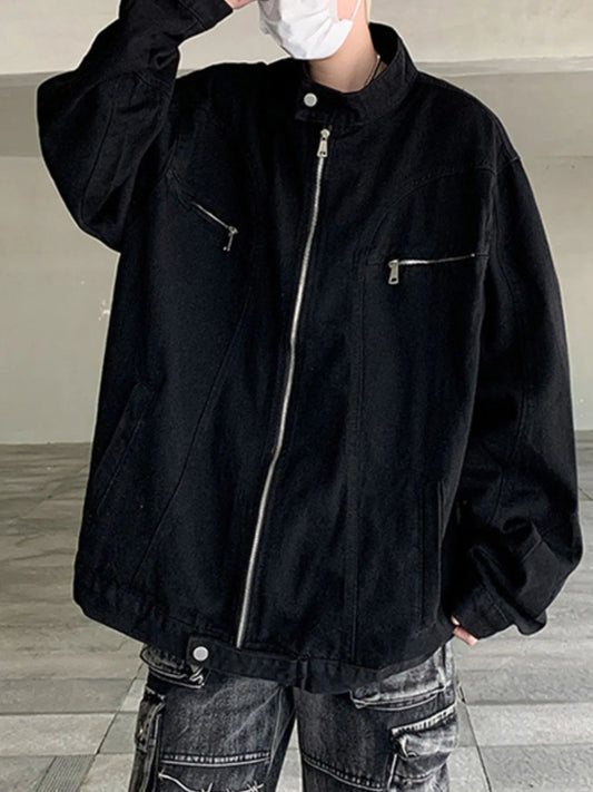 Men's Plus Size Zip Up Oversized Denim Jacket Black - Fashorio