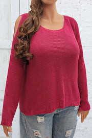 Plus Size Cold Shoulder Round Neck Sweater Deep Red - Fashorio
