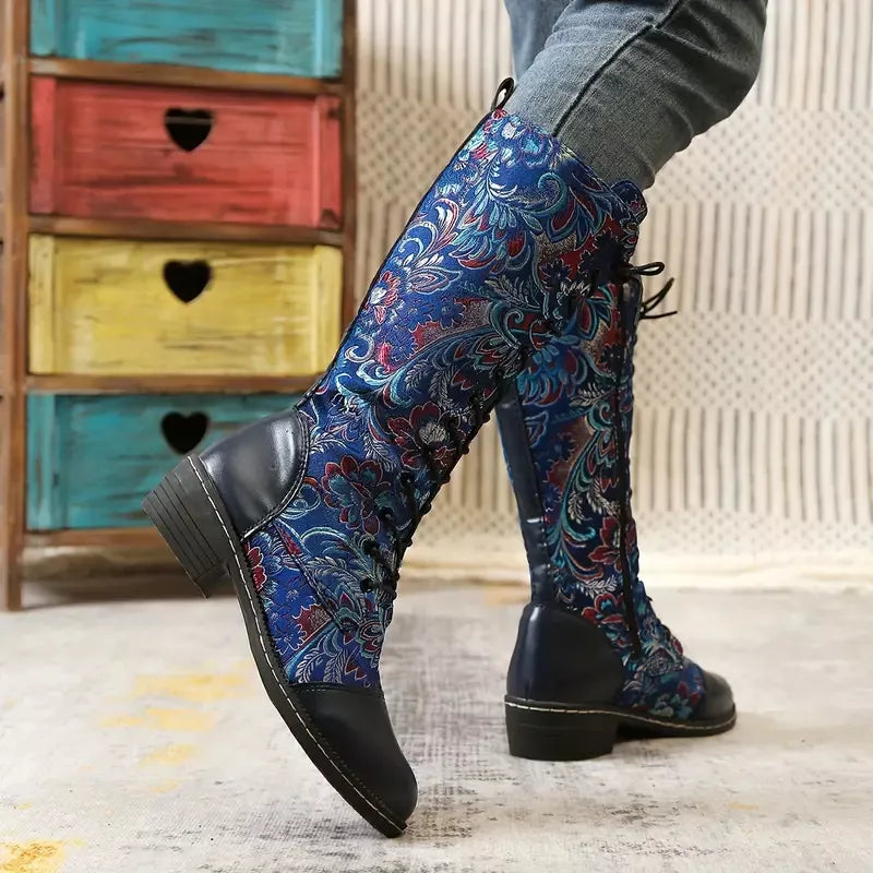 Embroidered knee high boots upper stitching detail