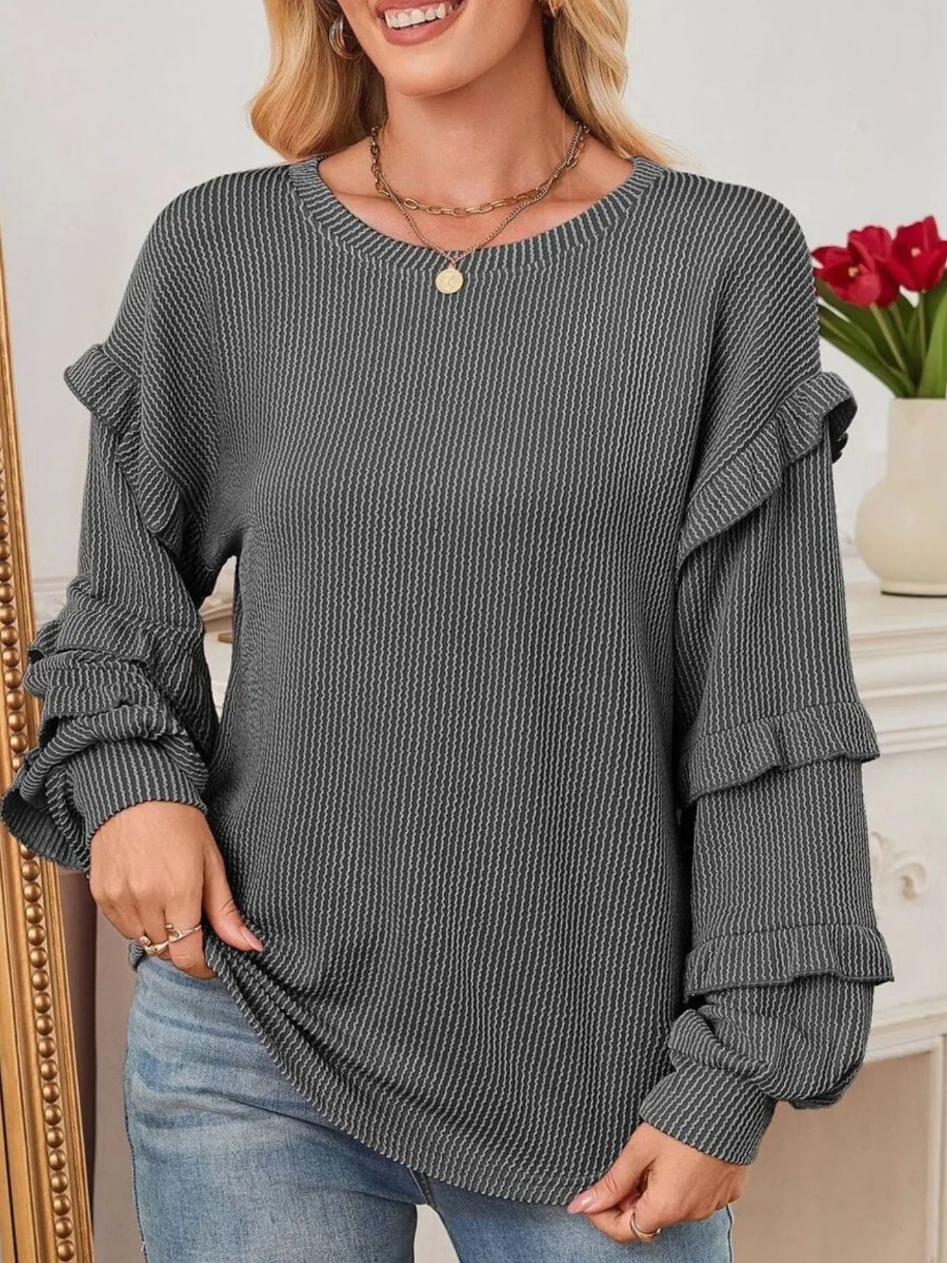 Ruffled Round Neck Long Sleeve Sweatshirt - Fashorio