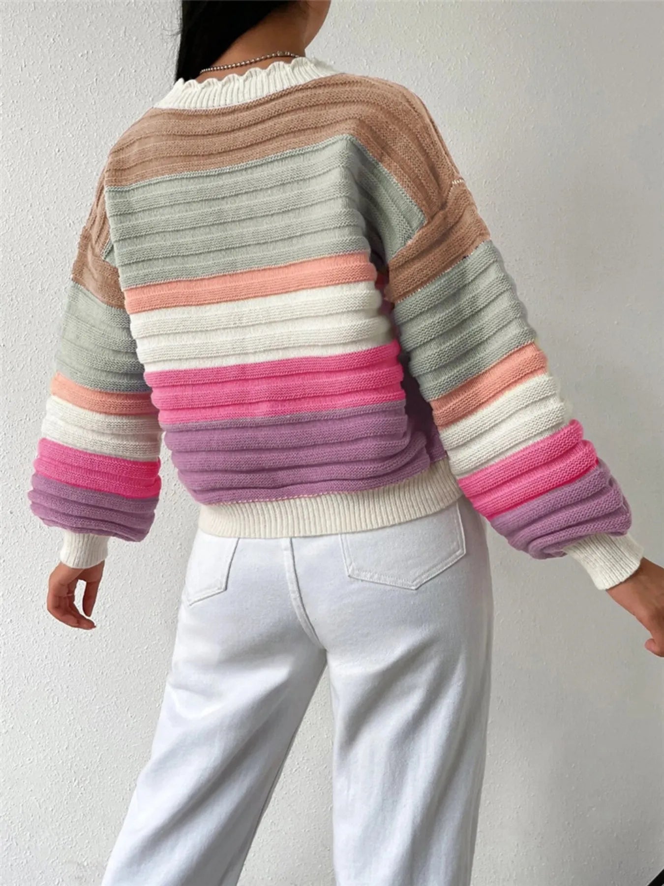 Rainbow Striped Cropped Cardigan with Balloon Sleeves - Fashorio