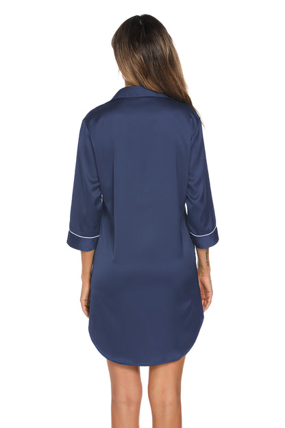 Button Up Collared Neck Night Dress with Pocket - Fashorio