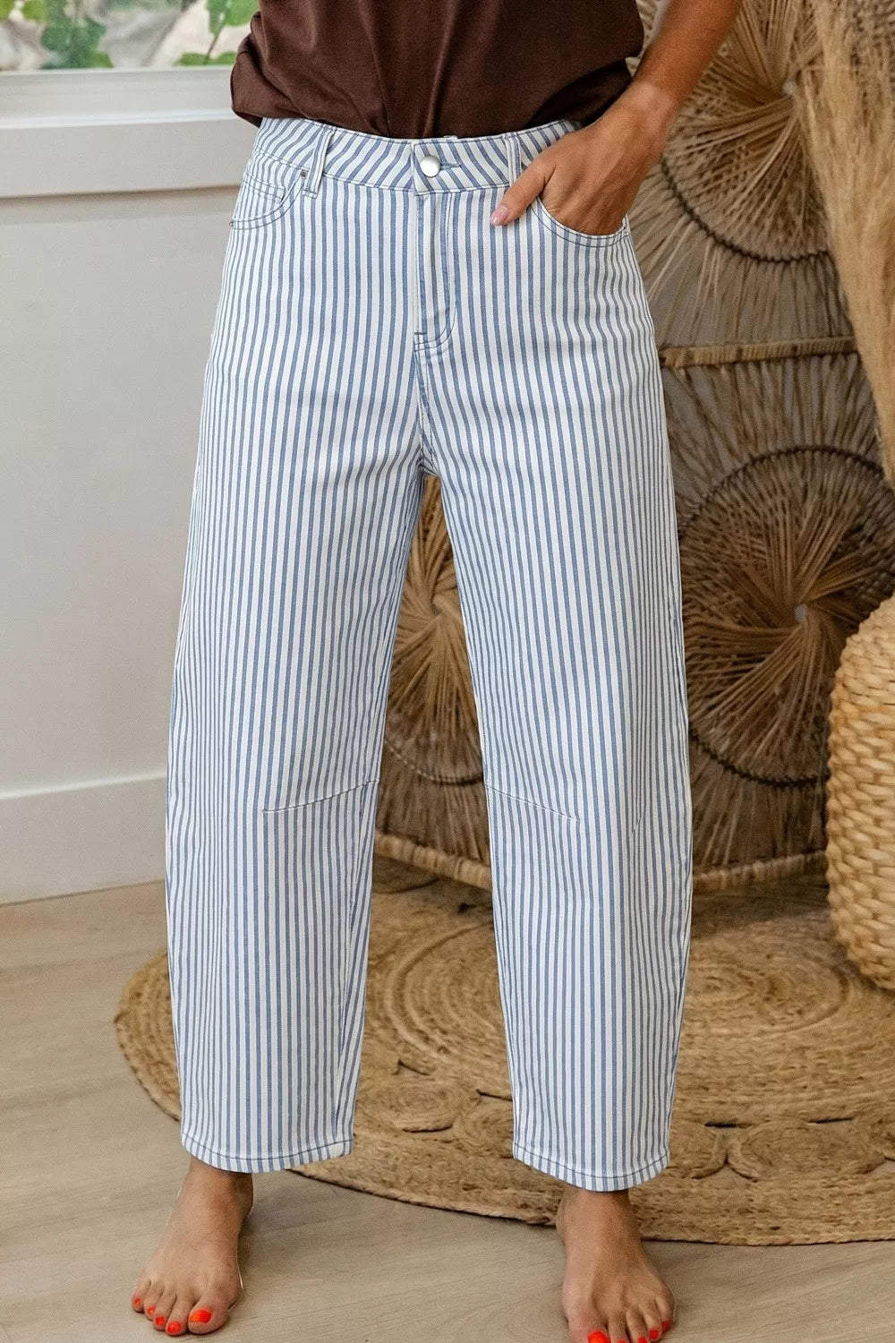 Striped barrel leg jeans in light wash front view