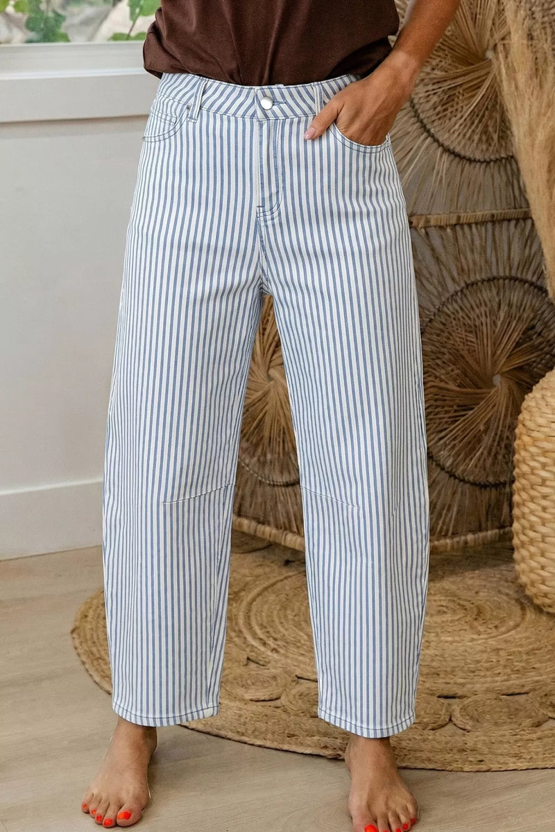 Striped barrel leg jeans in light wash front view