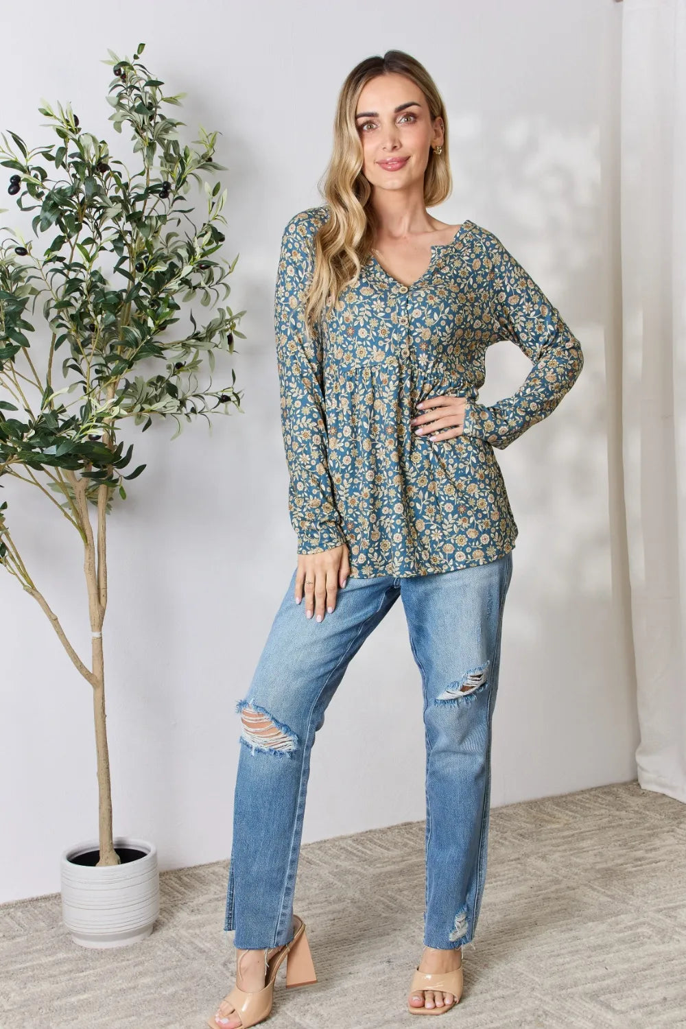 Heimish Full Size Floral Half Button Long Sleeve Blouse - Fashorio