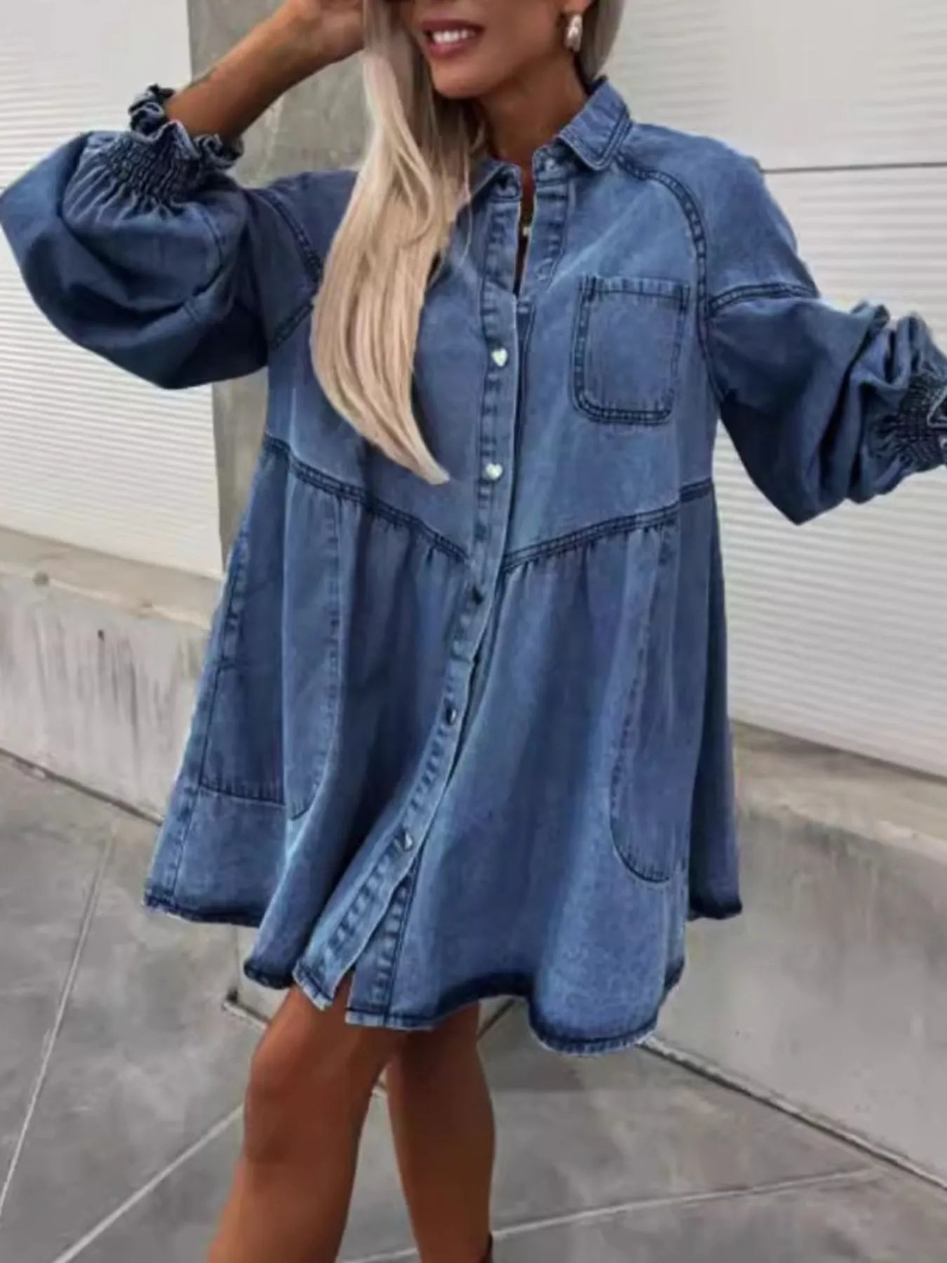 Oversized Long Sleeve Button-Up Denim Dress Dark Blue One Size - Fashorio