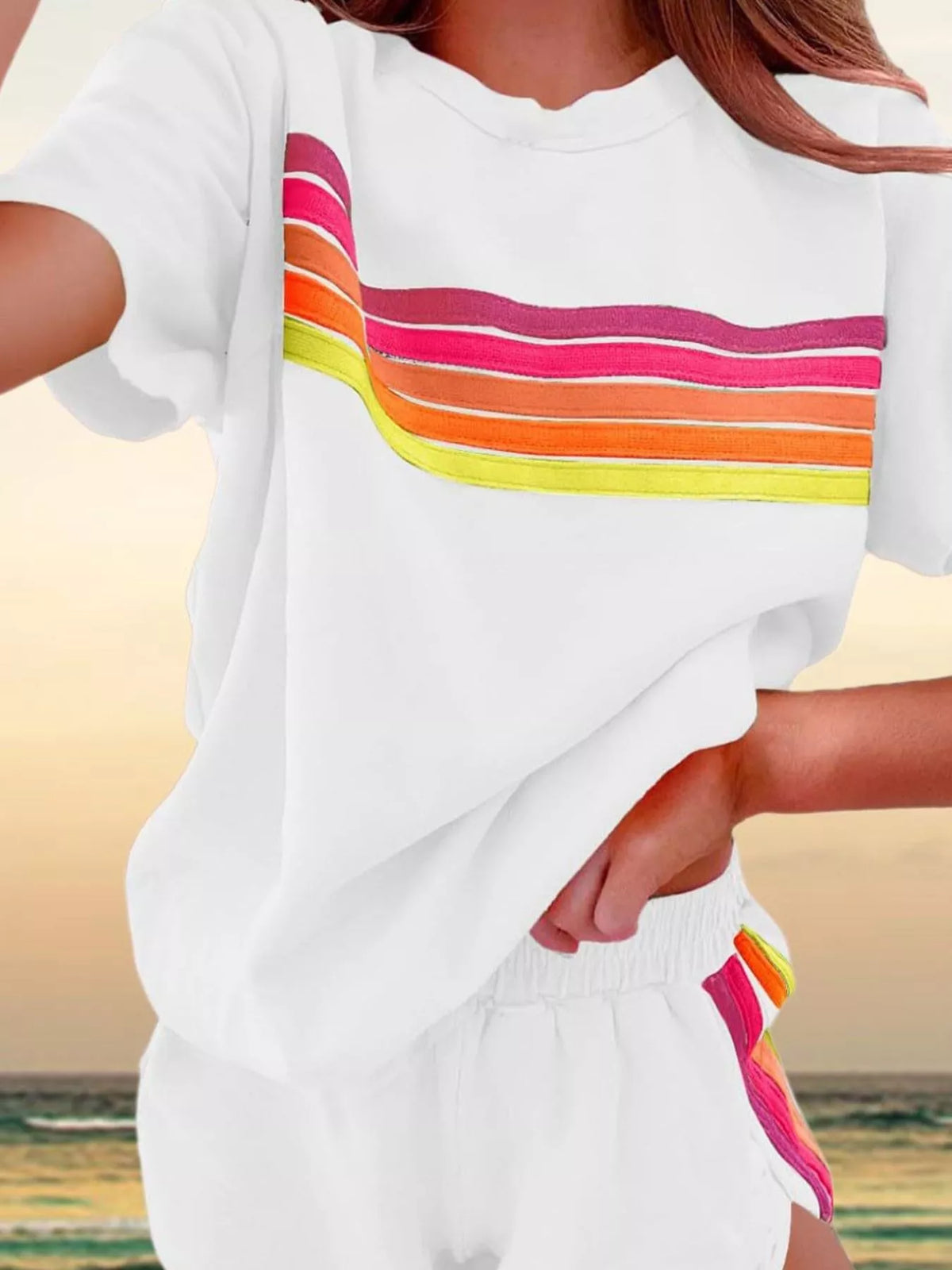 Rainbow Striped Round Neck Top and Shorts Set, view 21