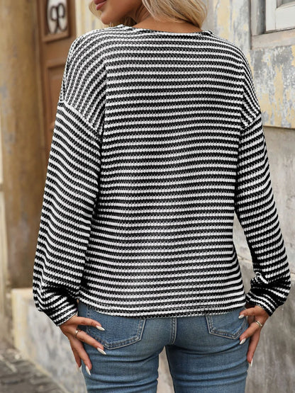 Striped V-Neck Button Front Casual Top - Fashorio