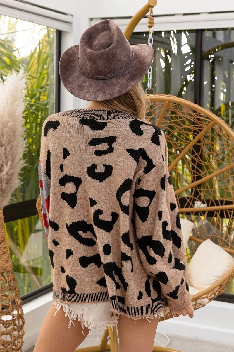 BiBi Leopard Color Block Button Down Sweater Cardigan - Fashorio