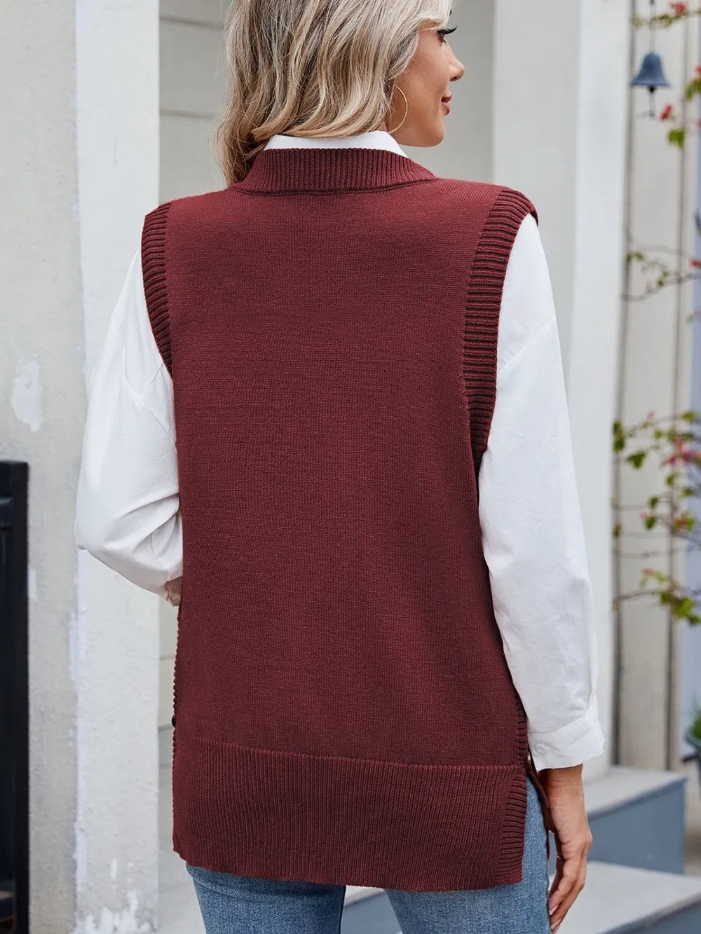 buttoned round neck sweater vest back view