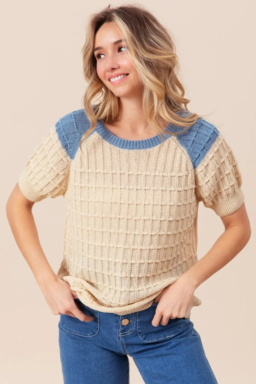 Textured Contrast Short Sleeve Sweater in Oatmeal and Denim