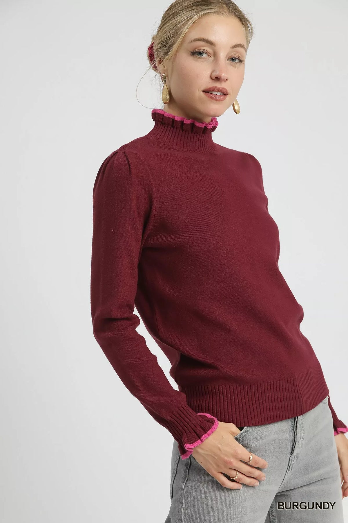 Ribbed Round Neck Sweater with Ruffle Trim in Burgundy back view