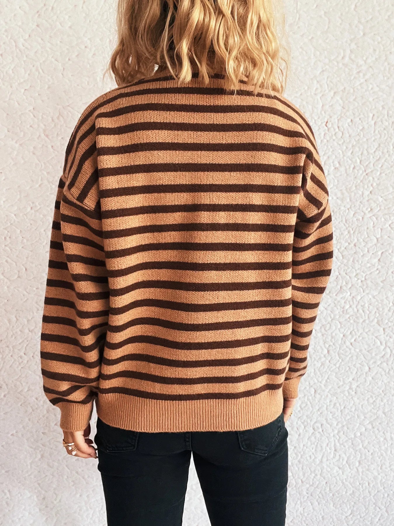 Striped Mock Neck Long Sleeve Sweater - Fashorio