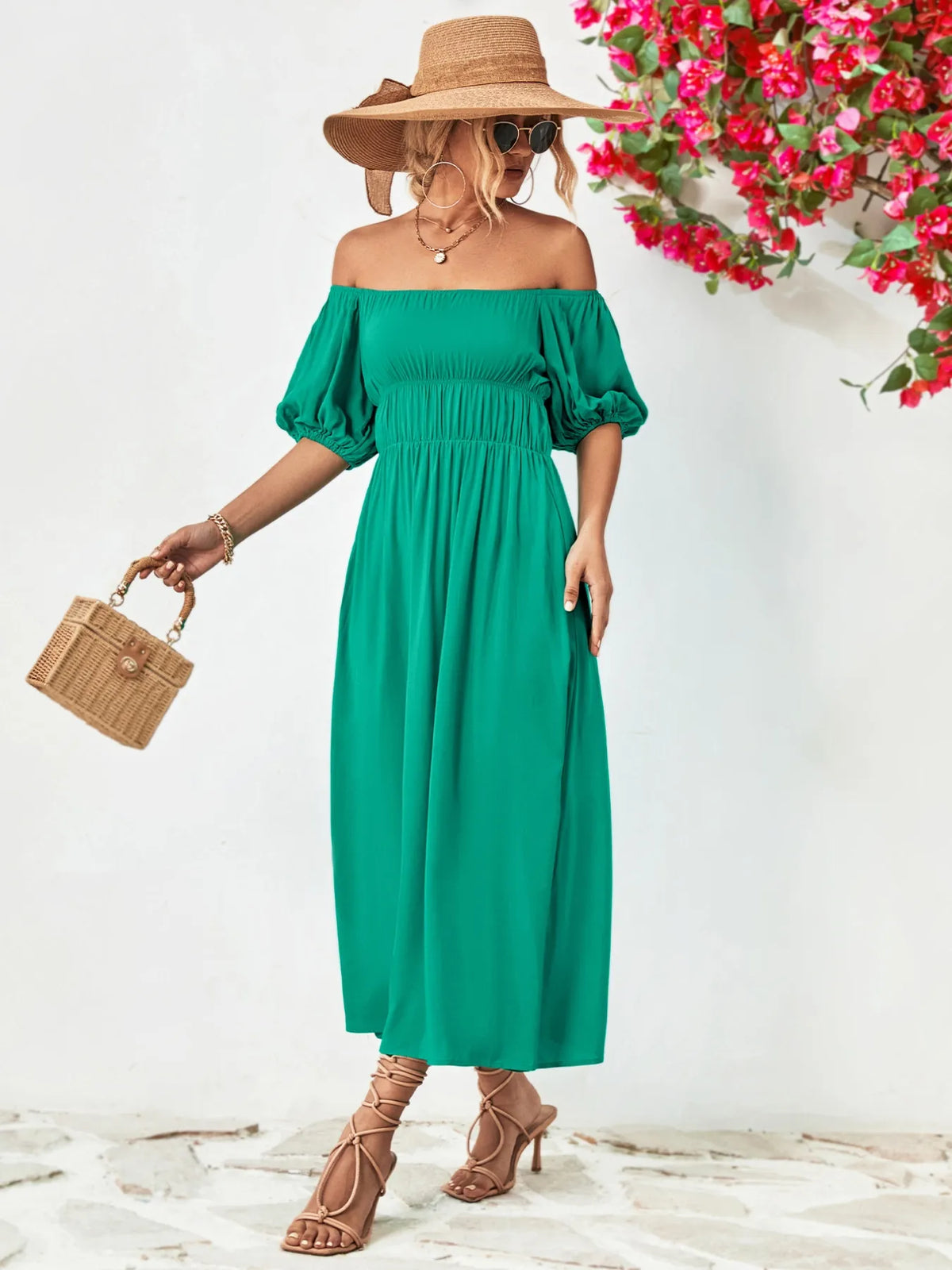 Off shoulder puff sleeve smocked maxi dress, back view