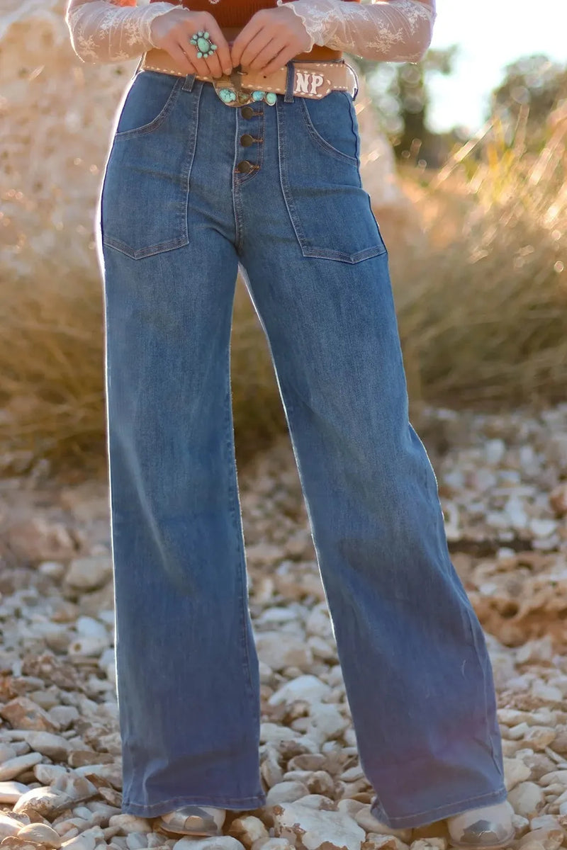High waisted button front wide leg jeans front view